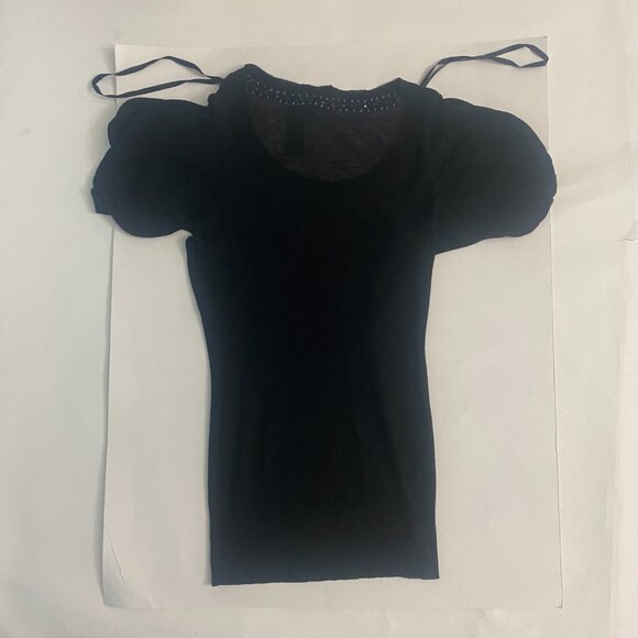 Bisou Bisou Black Beaded Cold Shoulder Knit Sweater Blouse - Picture 10 of 11